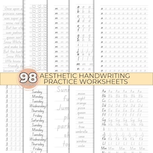Op de afbeelding: Esthetische handschrift oefenbladen met 98 pagina's. De pagina's bevatten traceeroefeningen voor kleine en hoofdletters, woorden en zinnen. De werkbladen zijn ontworpen om het handschrift te verbeteren en bevatten thematische woordenschat.