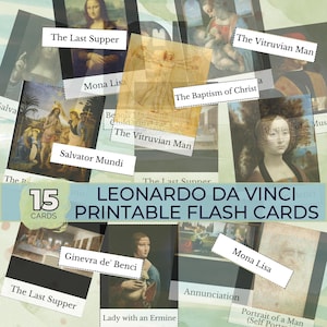 Cartes flash Léonard de Vinci, éducation Montessori imprimable à la maison, étude de l'art, matériel pédagogique, peintures célèbres, cartes Montessori