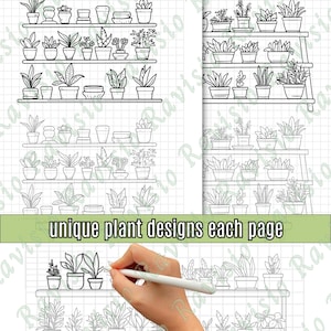 May include: Line art illustration of potted plants on shelves. The image features multiple shelves filled with various plant designs. The text "unique plant designs each page" is displayed on a green banner.