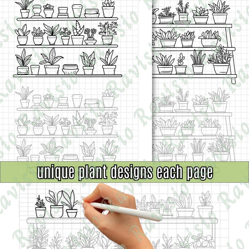 May include: Line art illustration of potted plants on shelves. The image features multiple shelves filled with various plant designs. The text "unique plant designs each page" is displayed on a green banner.