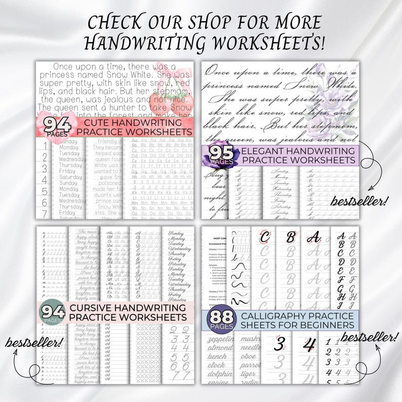 May include: Four printable handwriting practice worksheets with a pink floral background. The worksheets include cursive handwriting, calligraphy, and alphabet practice. The worksheets are labelled with the number of pages included. The text "bestseller!" is written on two of the worksheets.