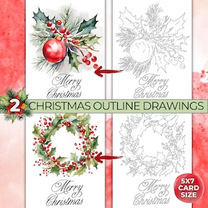 Kersttekeningen om te schilderen, aquareltekeningcontouren, kerstkransornament kleurplaat, traceerbare afdrukbare sjabloon