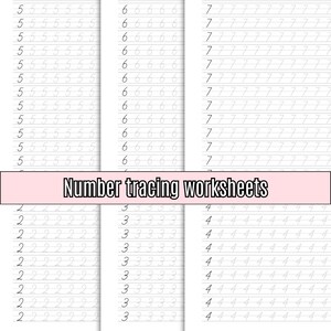 May include: Number tracing worksheets for kids to practice writing the numbers 2, 3, 4, 5, 6, and 7. Each number is repeated on a separate page with dotted lines to guide the child's hand.