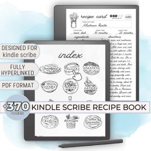 Könnte beinhalten: Eine Schwarzweißillustration eines Kindle E-Readers, der ein Rezeptbuch-Index mit Kategorien wie Frühstück, Mittagessen, Suppen, Hauptgerichte, Vorspeisen, Salate, Bäckerei, Getränke und andere Favoriten anzeigt. Der Index ist vollständig verlinkt und umfasst über 370 Seiten mit Rezepten.