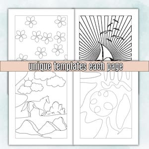 May include: A colouring book featuring four different templates per page. The templates include floral patterns, a sailboat with a sunburst, a horse in a landscape, and abstract line art. The text "unique templates each page" is displayed.