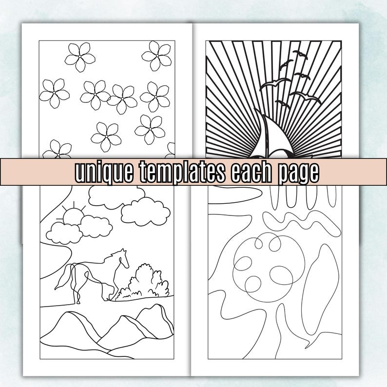 May include: A colouring book featuring four different templates per page. The templates include floral patterns, a sailboat with a sunburst, a horse in a landscape, and abstract line art. The text "unique templates each page" is displayed.
