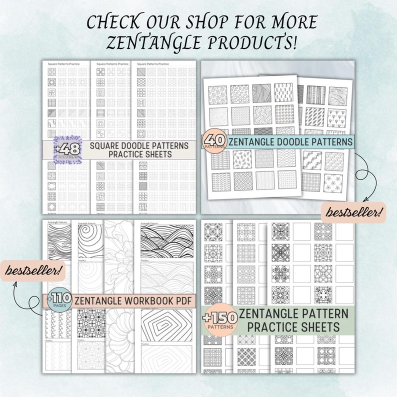 May include: Image of Zentangle products, including practice sheets and a workbook. The image features various patterns and the text "CHECK OUR SHOP FOR MORE ZENTANGLE PRODUCTS!" and "bestseller!"