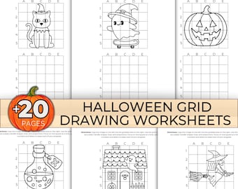 Halloween Grid Drawing Worksheets, Cute Ghost Pencil Drawing Tutorial Printable Learn To Draw Art Lesson Art Class, Drawing Lesson Resource