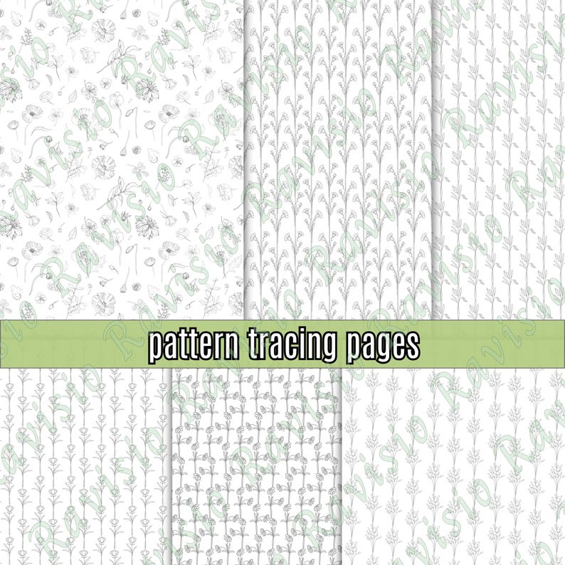 May include: Pattern tracing pages featuring floral and botanical designs in black and white. The text "pattern tracing pages" is displayed on a green banner across the image.