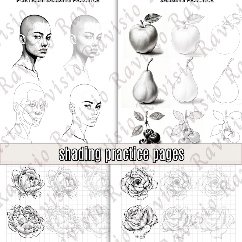 May include: Black and white shading practice pages featuring portraits, apples, pears, cherries, peonies, and roses. The text "shading practice pages" is visible. The illustrations range from detailed shading to outline drawings.