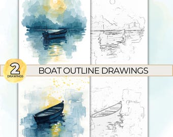 May include: A set of four boat outline drawings. Two are watercolor paintings of boats on the water, with a sun and clouds in the background. The other two are line drawings of the same boats. The text "BOAT OUTLINE DRAWINGS" is displayed.