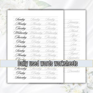 May include: Printable worksheet for practising cursive handwriting. The worksheet features the days of the week and months of the year written in cursive.