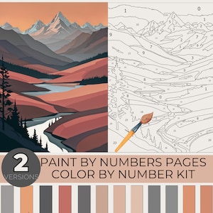 Kit de pintura por números para colorear paisajes para adultos. Páginas para colorear imprimibles para adultos. Paletas de colores de Procreate.