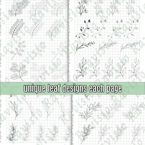 May include: A sheet of paper with a grid pattern and 16 unique leaf designs drawn in black ink. The text "unique leaf designs each page" is written in the centre of the page.