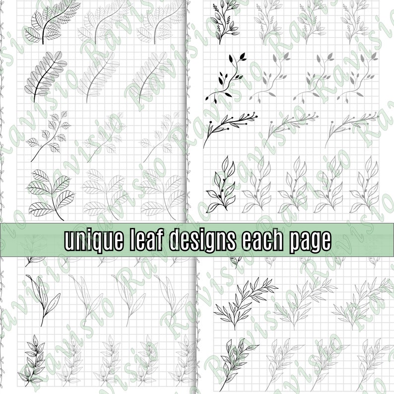 May include: A sheet of paper with a grid pattern and 16 unique leaf designs drawn in black ink. The text "unique leaf designs each page" is written in the centre of the page.