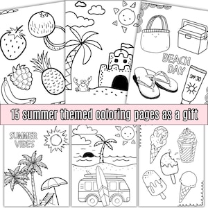 May include: A set of 15 black and white coloring pages featuring summer themes, including a beach scene, a pineapple, a coconut, a sandcastle, a palm tree, a surfboard, a beach bag, flip flops, a cooler, ice cream, and the text "Beach Day" and "Summer Vibes".