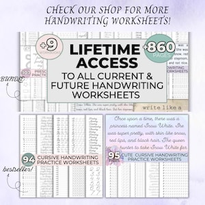 Puede incluir: Una descarga digital para hojas de trabajo de escritura a mano. La imagen muestra un paquete de 94 hojas de trabajo de pr&aacute;ctica de escritura cursiva y 95 hojas de trabajo de pr&aacute;ctica de escritura cursiva lindas. El texto en la imagen dice "Acceso de por vida a todas las hojas de trabajo de escritura actuales y futuras".