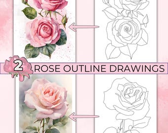 Rose Outline Drawings for Painting, Watercolor Drawing Outlines, Rose Coloring Outline, Flower Coloring Page,  Traceable Printable Template