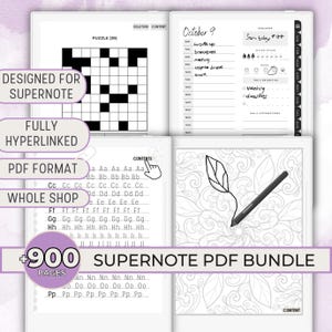 Può includere: Un'immagine in bianco e nero di un cruciverba, una pagina di un diario giornaliero con la data 9 ottobre e una pagina da colorare con un disegno di foglie e fiori. Il testo "DESIGNED FOR SUPERNOTE" è in un riquadro viola nella parte superiore sinistra dell'immagine. Il testo "FULLY HYPERLINKED PDF FORMAT" è in un riquadro viola nella parte inferiore sinistra dell'immagine. Il testo "+900 PAGES SUPERNOTE PDF BUNDLE" è in un riquadro viola nella parte inferiore centrale dell'immagine. Il testo "CONTENTS" è in un riquadro bianco nella parte superiore destra dell'immagine.