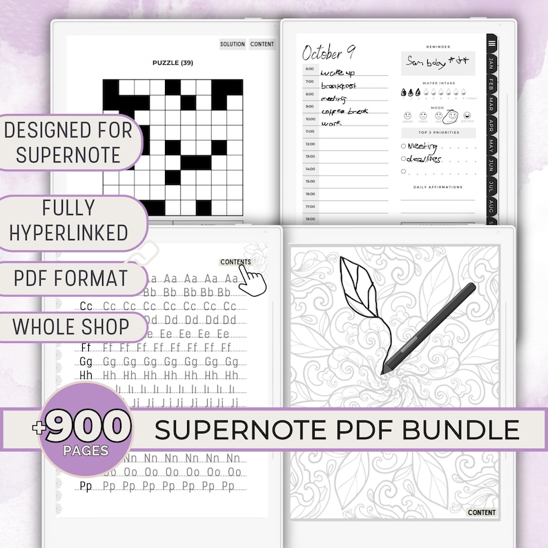Puede incluir: Una imagen en blanco y negro de un crucigrama, una p&aacute;gina de agenda diaria con la fecha 9 de octubre y una p&aacute;gina para colorear con un dise&ntilde;o de hoja y flores. El texto "DESIGNED FOR SUPERNOTE" est&aacute; en un cuadro morado en la parte superior izquierda de la imagen. El texto "FULLY HYPERLINKED PDF FORMAT" est&aacute; en un cuadro morado en la parte inferior izquierda de la imagen. El texto "+900 PAGES SUPERNOTE PDF BUNDLE" est&aacute; en un cuadro morado en la parte inferior central de la imagen. El texto "CONTENTS" est&aacute; en un cuadro blanco en la parte superior derecha de la imagen.