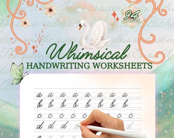 May include: A digital document titled Whimsical Handwriting Worksheets featuring 94 pages of cursive practice. The design includes a white swan, a green butterfly, and floral accents. A white stylus is shown writing the letter d on lined paper.