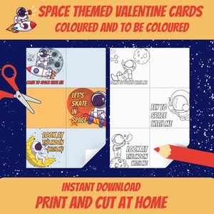 Cartes de Saint-Valentin imprimables Space pour enfants – Téléchargement instantané | Activité de coloriage amusante | Cartes de Saint-Valentin numériques