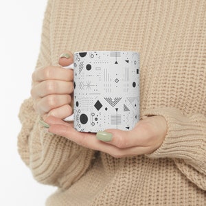 Black and White Midcentury Mug Geometric Mugs Geometric Pattern Mug Ceramic Decorative Mugs 11oz and 15oz 50&#39;s 60&#39;s Drinkware [Variation A]