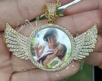 Personalized Diamond Bedazzled Angel Wings Photo Necklace | Custom Photo Necklace | Hip Hop Photo Pendant | Iced Custom Round Photo Pendant