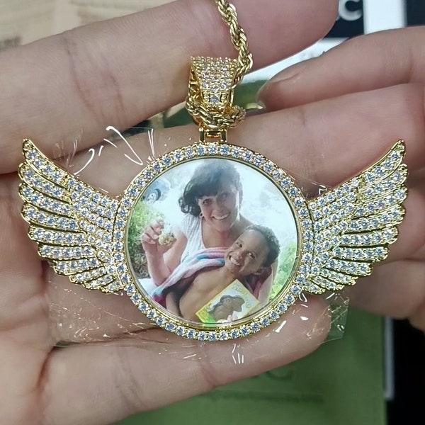 Personalized Diamond Bedazzled Angel Wings Photo Necklace | Custom Photo Necklace | Hip Hop Photo Pendant | Iced Custom Round Photo Pendant