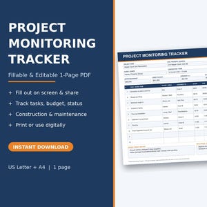 May include: A digital project monitoring tracker template in a fillable and editable one-page PDF format. The document features a table for tracking tasks, budget, and status, with headers for project name, address, dates, and specific work items.
