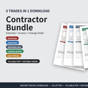 May include: A digital contractor bundle featuring five trades: roofing, painting, remodeling, landscaping, and electrical. The document set includes estimate, invoice, and change order templates in fillable PDF and editable Word formats for US Letter size.