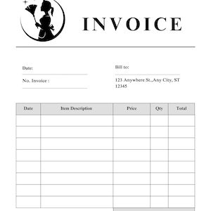 May include: Black and white invoice template with a cleaning lady icon. The invoice includes fields for date, invoice number, bill to, item description, price, quantity, total, and payment method.