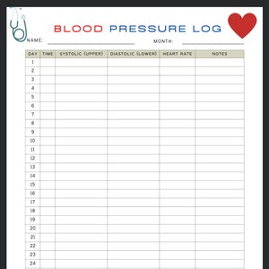 May include: A printable blood pressure log with columns for day, time, systolic, diastolic, heart rate, and notes. The log is designed to help track blood pressure readings over time.