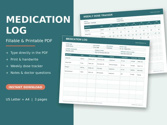 Fillable Medication Log PDF, Weekly Pill Tracker, Caregiver Medicine List (Instant Download)
