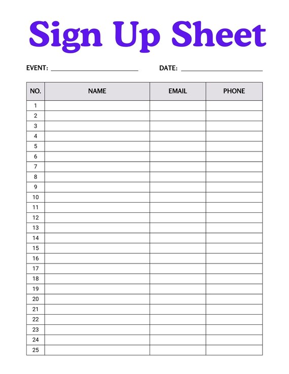 Printable Minimalist Sign Up Sheet Planner