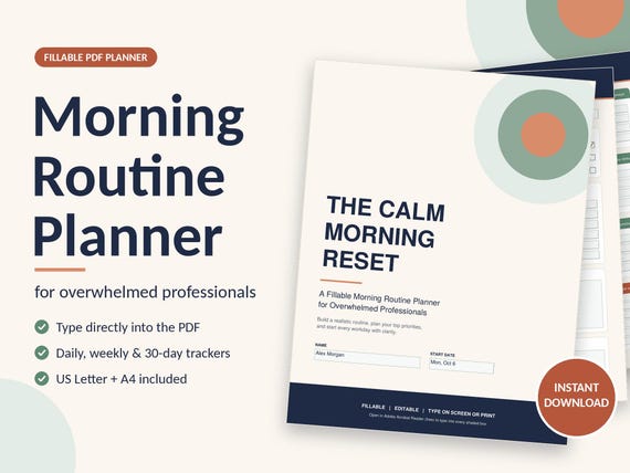 Fillable Morning Routine Planner for Professionals, Editable Habit Tracker (PDF Download)