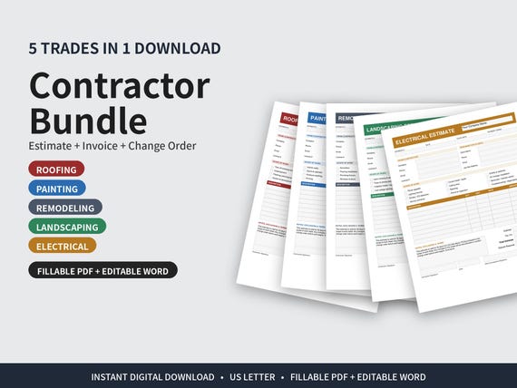 Contractor Bundle: Estimate, Invoice, Change Order for 5 Trades (PDF + Word)