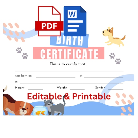 Pet Birth Certificate - Editable & Printable PDF Word Format
