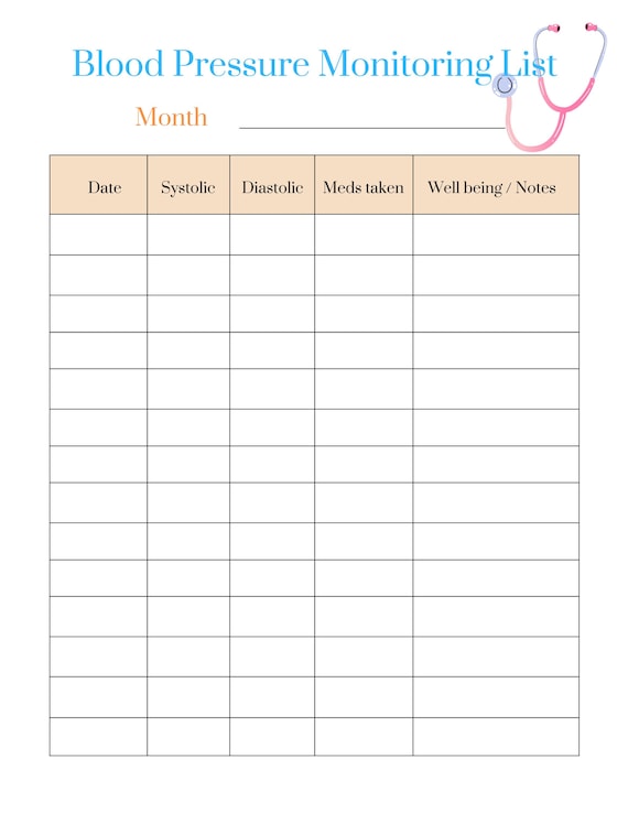 Printable Blood Pressure Monitoring List