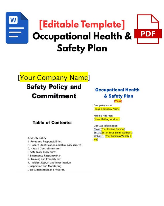 Editable Occupational Health and Safety Plan Template | Worker's Safety & Commitment | 55 Pages