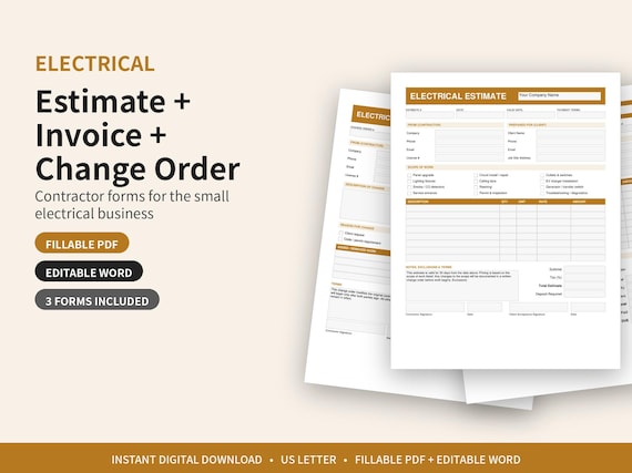 Electrical Estimate Invoice Change Order Forms, Fillable PDF Word (Digital Download)