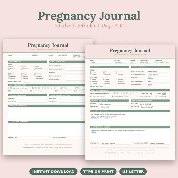Fillable Pregnancy Journal PDF, Weekly Tracker, Baby Shower Gift (Instant Download)