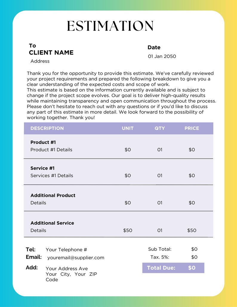 Editable and Printable Estimate Quotation Pricing One-page Template ...