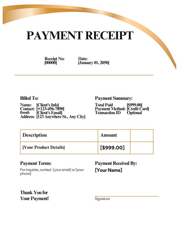 Editable and Printable Business Payment Receipt Invoice