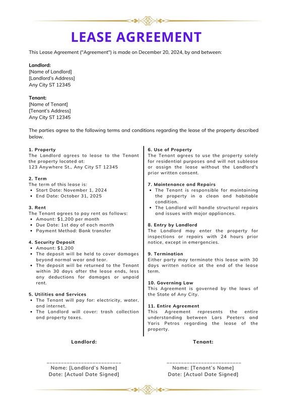 Editable Printable Simple Lease Agreement - Downloadable Property Rental Agreement