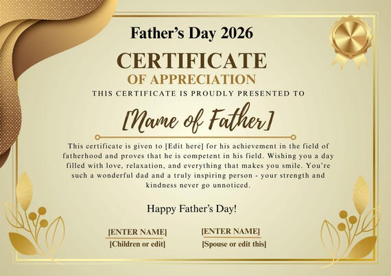 Editable Father's Day Appreciation Certificate: Printable Gift (PDF & Docx A4 Landscape Template)