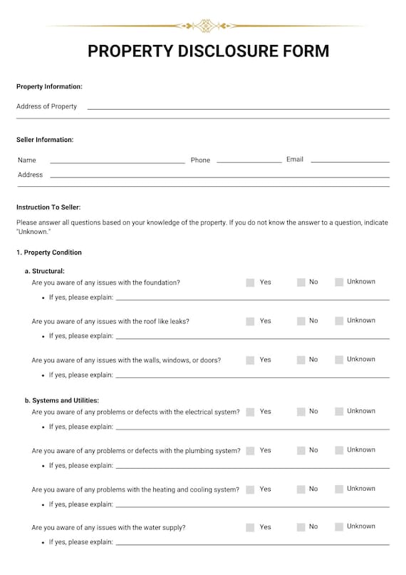Editable Simple Real Estate Disclosure Document - Printable Property Disclosure Form