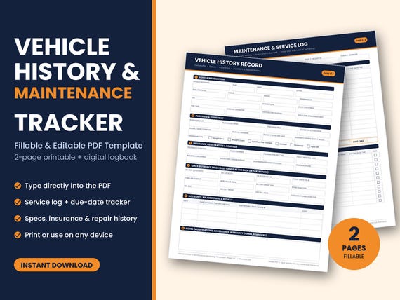 Vehicle History & Maintenance Log, Fillable PDF Tracker (Digital Download)