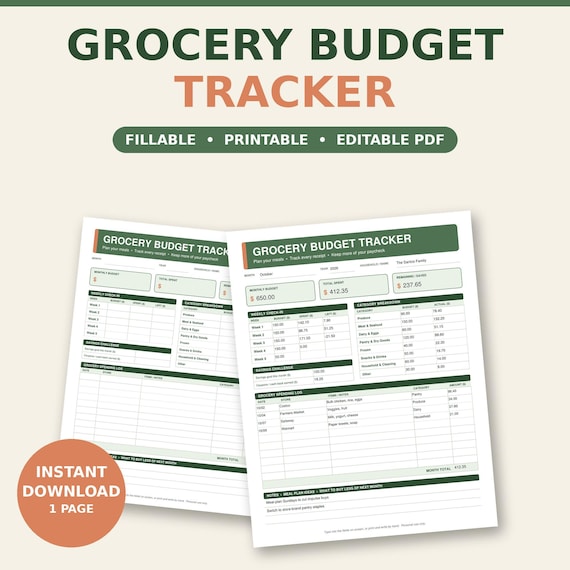 Fillable Grocery Budget Tracker PDF, Monthly Spending Log, Meal Planner (US Letter)