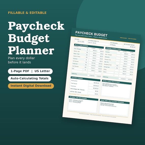 Fillable Paycheck Budget Planner, Zero-Based Budget Worksheet (PDF Download)